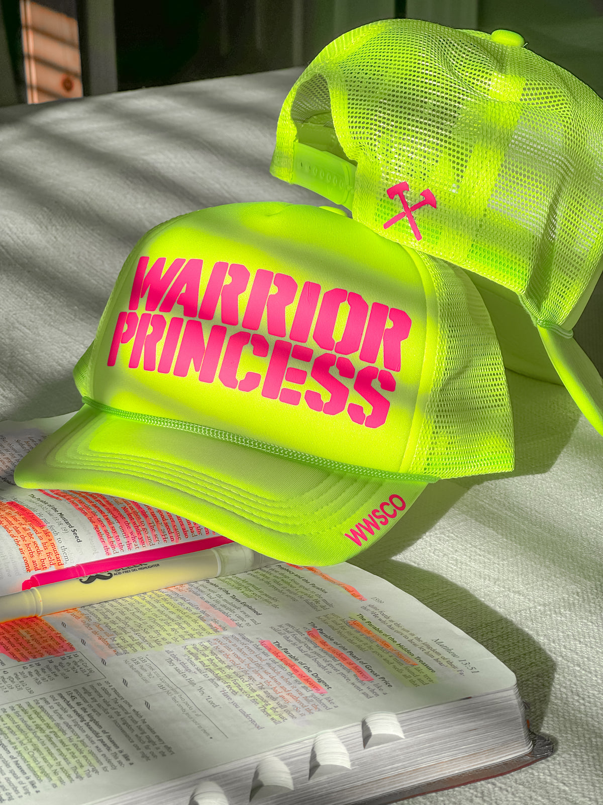 WARRIOR PRINCESS TRUCKER HAT IN NEON YELLOW