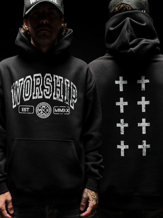 CROSSES WORSHIP DISTRESSED "PREMIUM" HOODIE IN BLACK