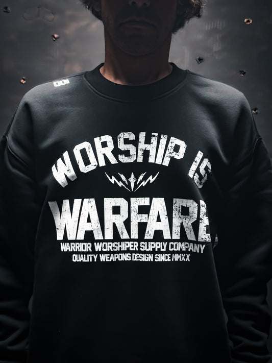 WORSHIP IS WARFARE V2 "PREMIUM" RELAX FIT CREW NECK SWEATSHIRT IN BLACK