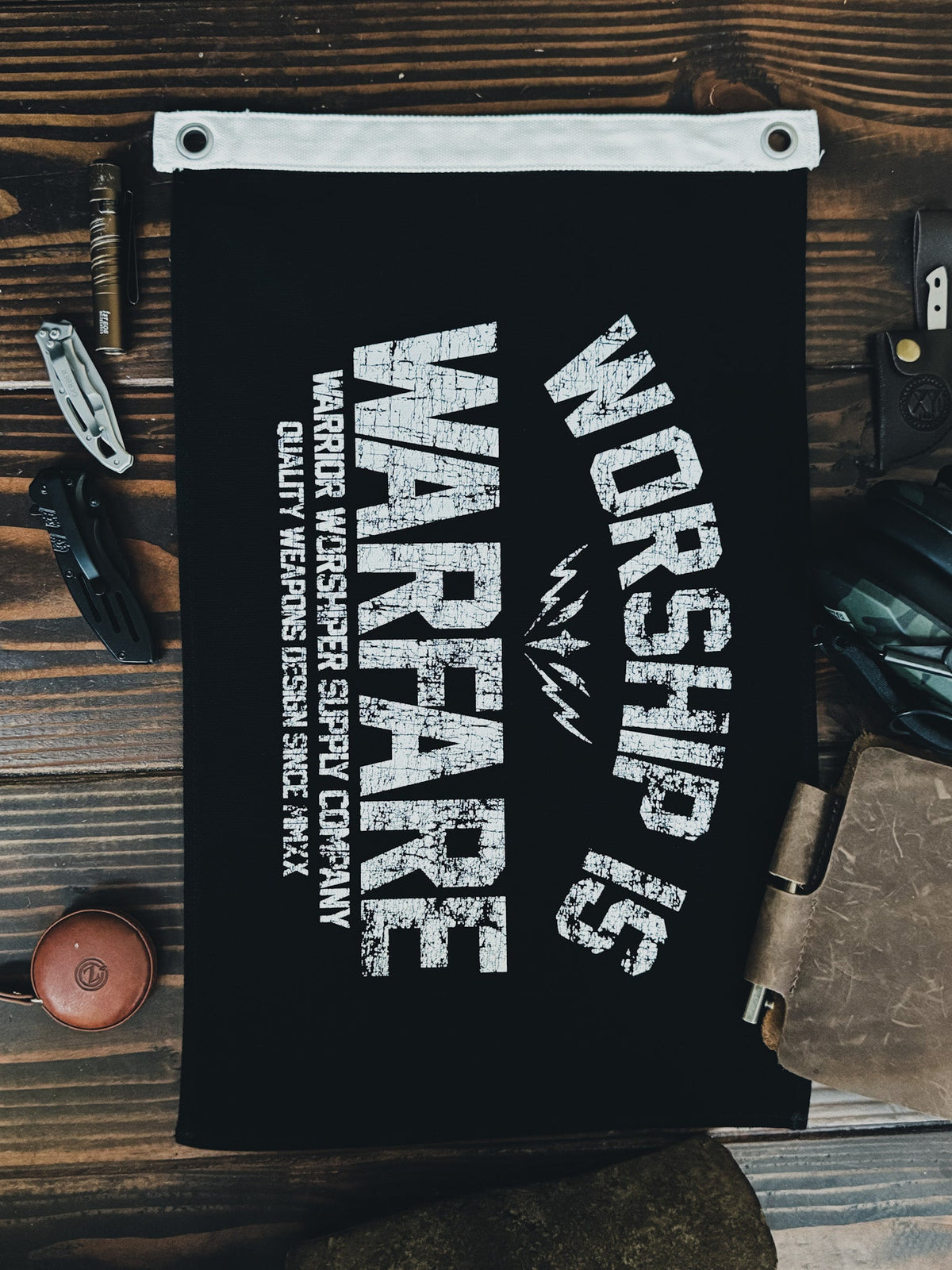 WORSHIP IS WARFARE SMALL CANVAS FLAG