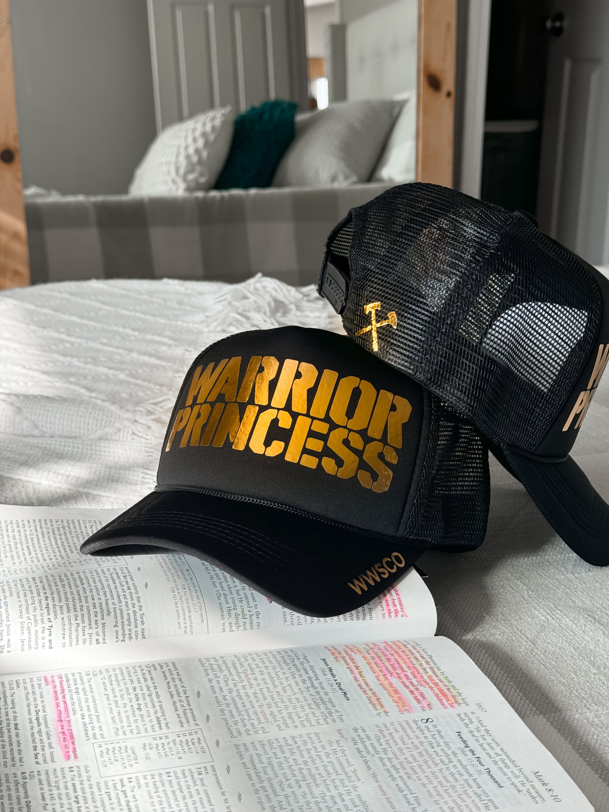 WARRIOR PRINCESS V1 GOLD FOIL TRUCKER HAT IN BLACK