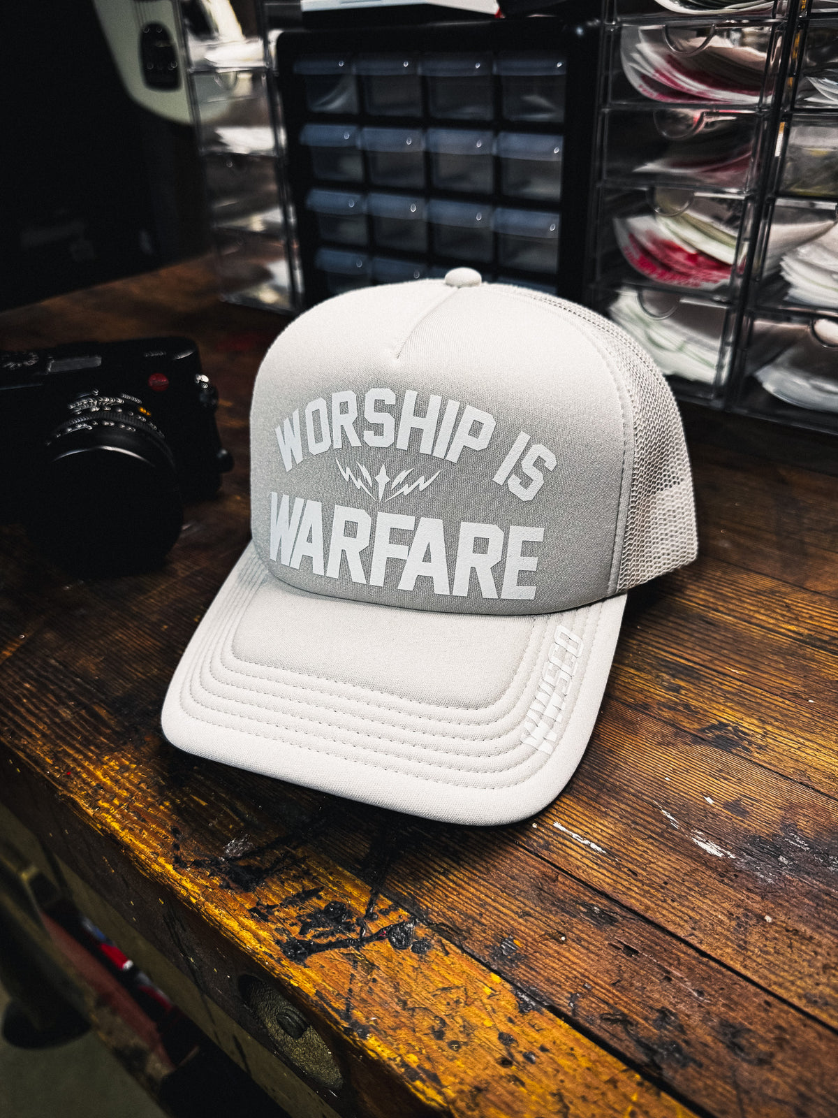 [NEW] WORSHIP IS WARFARE FOAM TRUCKER HAT V2 IN BONE