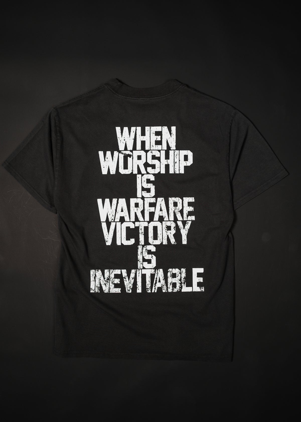 VICTORY IS INEVITABLE "PREMIUM" HEAVY KNIT TEE IN FADED BLACK 7.1 oz