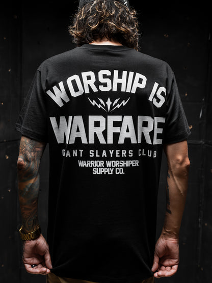 FLAGSHIP WORSHIP IS WARFARE PREMIUM STANDARD ISSUE TEE IN BLACK
