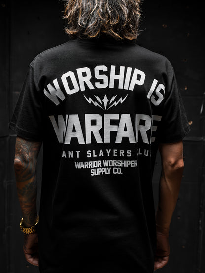 FLAGSHIP WORSHIP IS WARFARE PREMIUM STANDARD ISSUE TEE IN BLACK