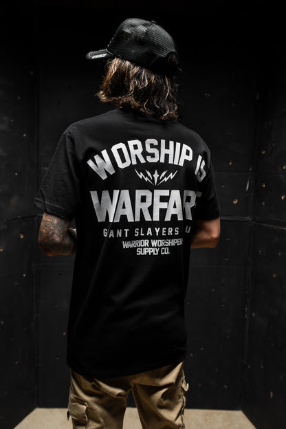 FLAGSHIP WORSHIP IS WARFARE PREMIUM STANDARD ISSUE TEE IN BLACK