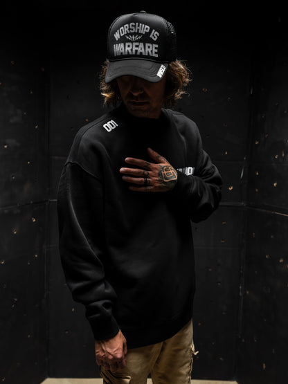 WORSHIP IS WARFARE V2 BACK EDITION "PREMIUM" RELAX FIT SWEATSHIRT IN BLACK
