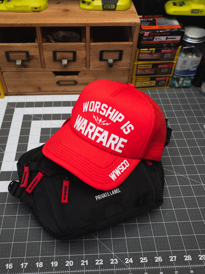 WORSHIP IS WARFARE FOAM TRUCKER HAT V2 IN FIRE