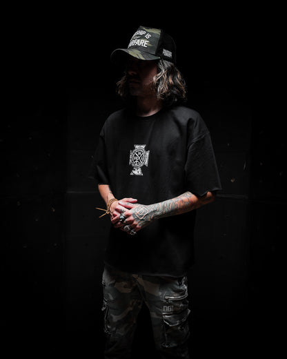 [NEW] LION CROSS  "PREMIUM" OVERSIZED "RAW EDGE" CROP HEAVY TEE IN BLACK [LIMITED]