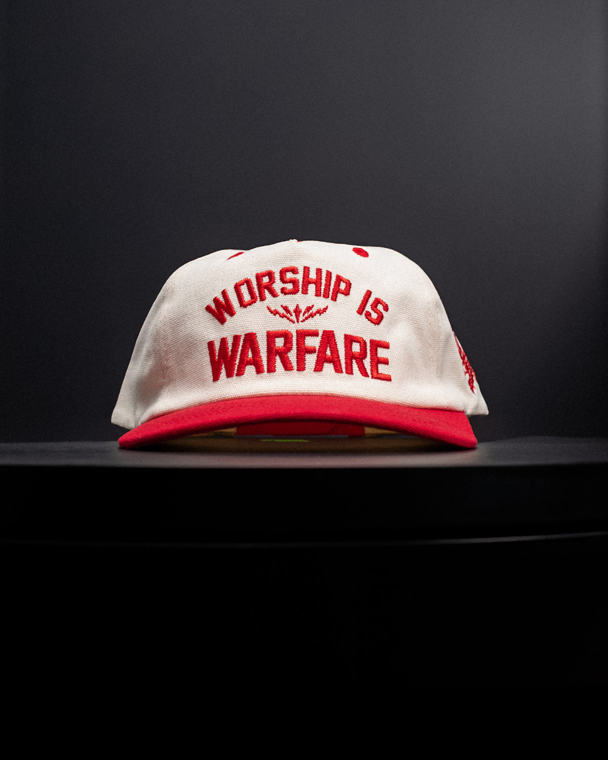 [NEW] "WORSHIP IS WARFARE" CREME/ RED UNSTRUCTURED MID CROWN HAT (LMTD DROP 001)