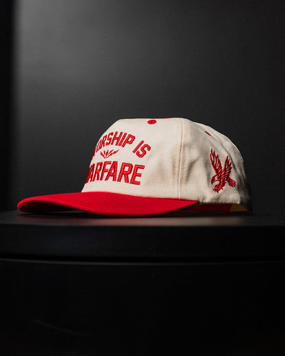 [NEW] "WORSHIP IS WARFARE" CREME/ RED UNSTRUCTURED MID CROWN HAT (LMTD DROP 001)
